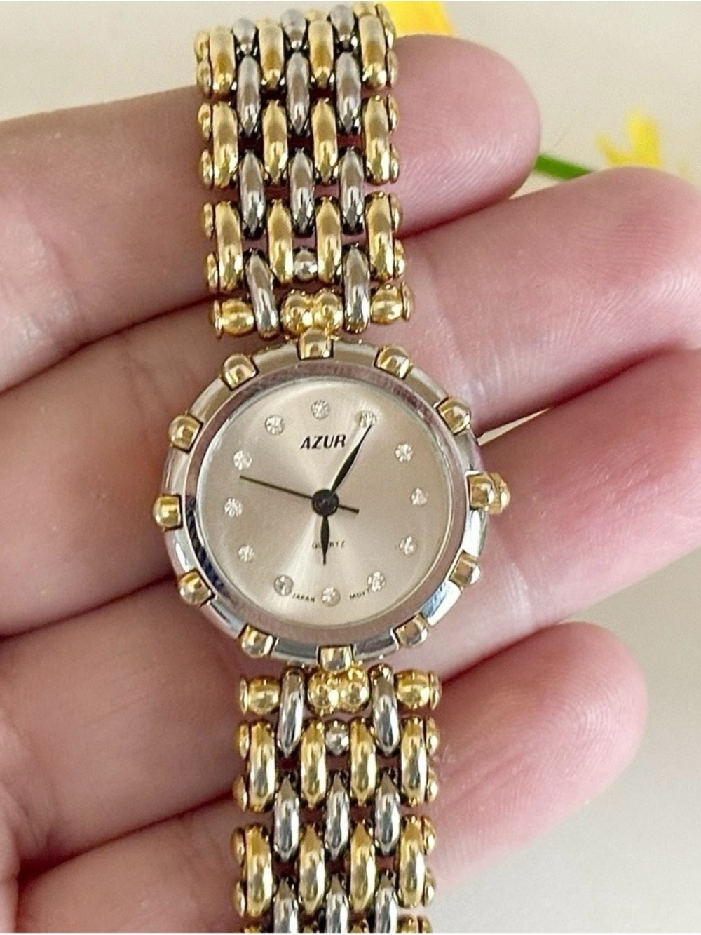 Vintage Azur Ladies Gold/Silver Two-Tone Panther Bracelet Watch w Crystals WORKS
